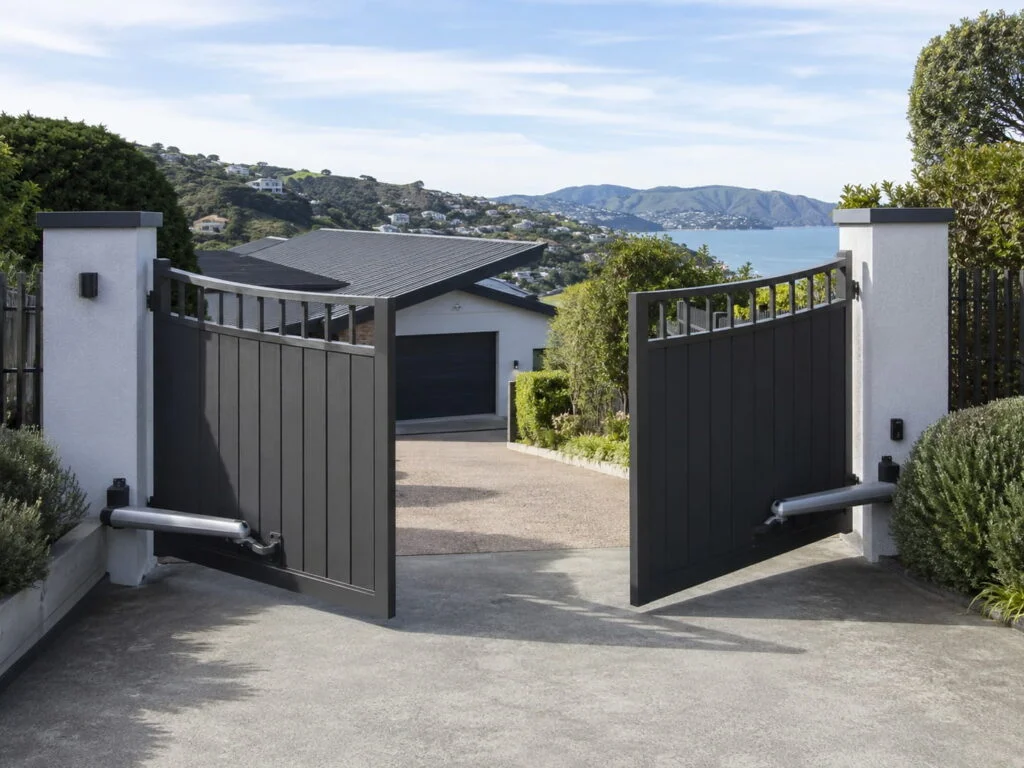 Automatic swing gate overlooking Wellington harbour